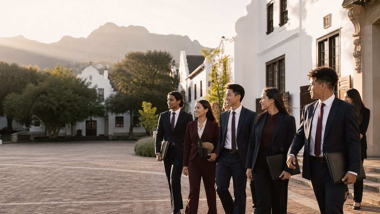 University debaters walking through a Cape Dutch campus courtyard in Stellenbosch.
